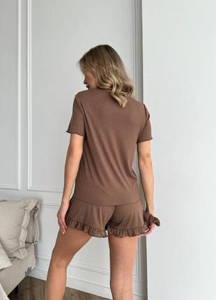 Жіноча літня коричнева піжама, домашній костюм футболка і короткі шорти шортики в рубчик3 фото