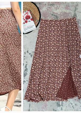 Шикарная юбка коричнево-бордовая в мелкий цветочный принт next(размер 12)1 фото