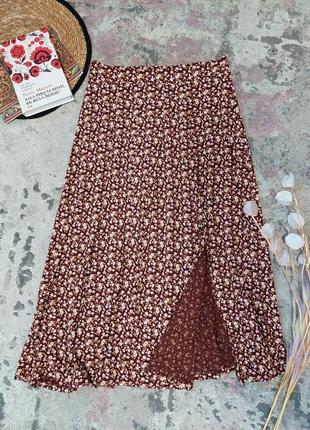 Шикарная юбка коричнево-бордовая в мелкий цветочный принт next(размер 12)5 фото