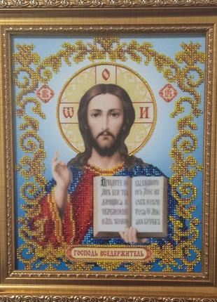 Ікона ручної роботи вишита бісером в рамі "ісус христос вседержитель"2 фото
