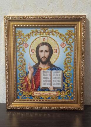 Ікона ручної роботи вишита бісером в рамі "ісус христос вседержитель"