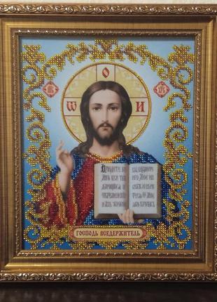 Ікона ручної роботи вишита бісером в рамі "ісус христос вседержитель"4 фото