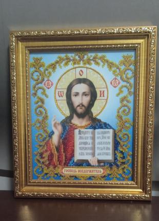 Ікона ручної роботи вишита бісером в рамі "ісус христос вседержитель"