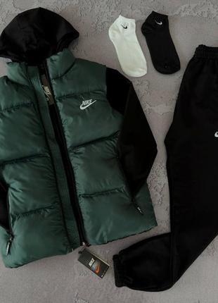 Костюм спортивный тройка в стиле nike жилет с капюшоном черный хаки зеленый