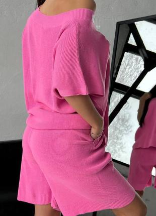 Костюм трикотажный спортивный футболка + шорты зелёный розовый белый черный графит кофта летучая мышь с v вырезом бермуды капри на резинке турция