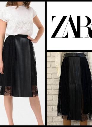 Zara, чёрная плиссированная юбка миди zara, гипюр, эко кожа, плиссе