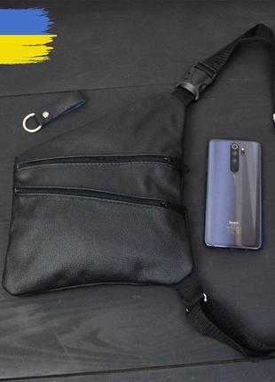 Сумка мужская на 3 кармана, из натуральной кожи, слинг нагрудный черный3 фото