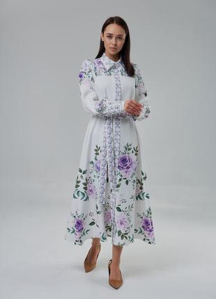Сукня жіноча дизайнерська, нарядна, плаття, біла - принт бузкові квіти3 фото