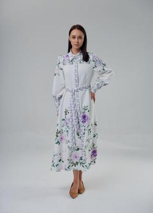 Сукня жіноча дизайнерська, нарядна, плаття, біла - принт бузкові квіти5 фото