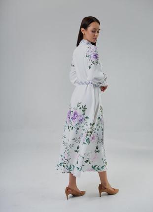 Сукня жіноча дизайнерська, нарядна, плаття, біла - принт бузкові квіти6 фото