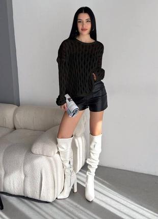 Стильный ажурный свитер туречки, нежная вязка, крой оверсайз,беж, молоко и черный5 фото