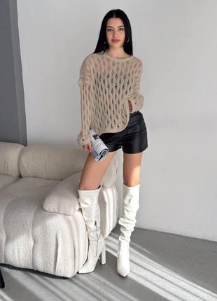 Стильный ажурный свитер туречки, нежная вязка, крой оверсайз,беж, молоко и черный4 фото