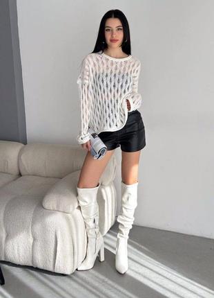 Стильный ажурный свитер туречки, нежная вязка, крой оверсайз,беж, молоко и черный2 фото