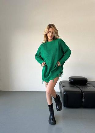 Женская стильная качественная зеленая туника рванка oversize ткань-вязка