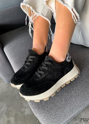 Черные натуральные замшевые кроссовки на бежевой толстой подошве платформе с леопардом замш4 фото