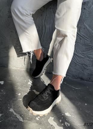 Черные натуральные замшевые кроссовки на бежевой толстой подошве платформе с леопардом замш7 фото