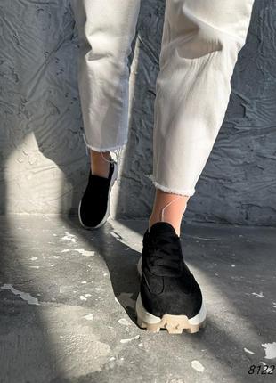 Черные натуральные замшевые кроссовки на бежевой толстой подошве платформе с леопардом замш9 фото