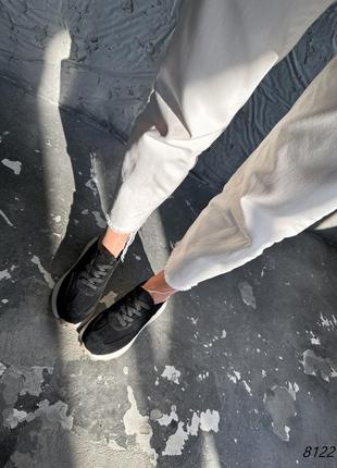 Черные натуральные замшевые кроссовки на бежевой толстой подошве платформе с леопардом замш8 фото