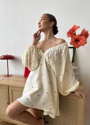 Муслиновое платье женское короткое с сердечками свободное повседневное нарядное9 фото
