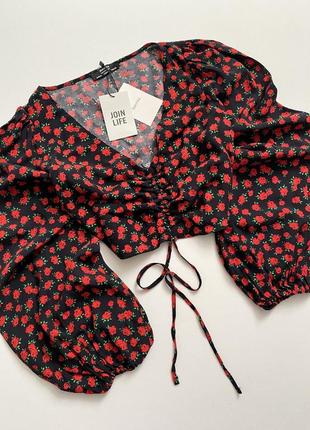 Топ/блуза/блузка в цветы/цветочный принт с объемными рукавами бершка/bershka1 фото