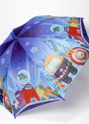 Дитяча парасолька для хлопчика з яскравим принтом among us та капітан америка, синя парасолька тросина для хлопчиків1 фото