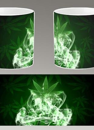 Чашка белая керамическая "марихуана" конопля, каннабис. canabis marijuana. abc