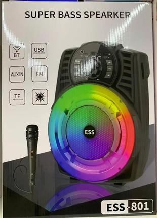 Портативная bluetooth колонка ess-801 (usb+sd+bluetooth+fm+дисплей+адаптер от сети+1-динамик) black
