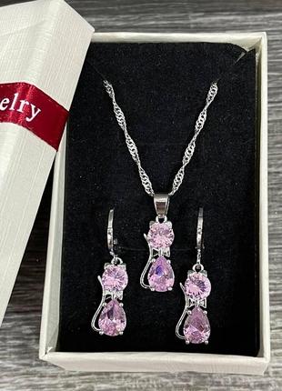 Оригинальный подарок девушке - кулон "розовые кошечки в серебре" на цепочке ювелирный сплав в коробочке8 фото
