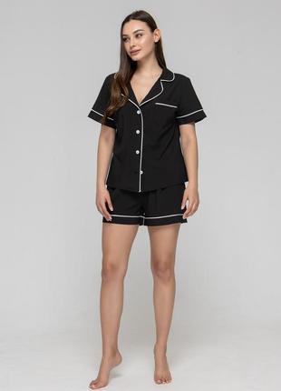 Женская пижама рубашка с коротким рукавом и шорты (черный/белый кант)2 фото