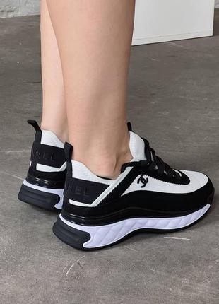 Жіночі шкіряні кросівки chanel sneakers black/white шанель кросівки текстиль + шкіра наложка4 фото