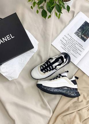 Жіночі шкіряні кросівки chanel sneakers black/white шанель кросівки текстиль + шкіра наложка4 фото