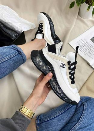 Жіночі шкіряні кросівки chanel sneakers black/white шанель кросівки текстиль + шкіра наложка8 фото