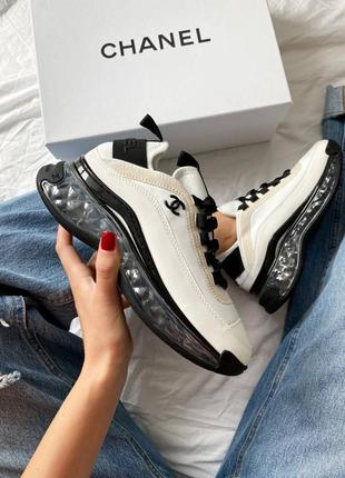 Жіночі шкіряні кросівки chanel sneakers black/white шанель кросівки текстиль + шкіра наложка