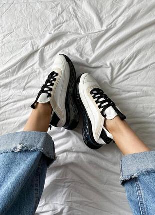 Жіночі шкіряні кросівки chanel sneakers black/white шанель кросівки текстиль + шкіра наложка9 фото