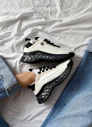 Жіночі шкіряні кросівки chanel sneakers black/white шанель кросівки текстиль + шкіра наложка8 фото