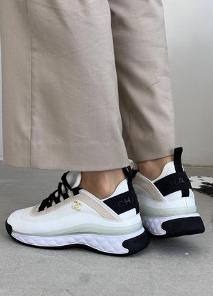 Жіночі шкіряні кросівки chanel sneakers black/white шанель кросівки текстиль + шкіра наложка9 фото