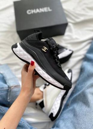 Жіночі шкіряні кросівки chanel sneakers black/white шанель кросівки текстиль + шкіра наложка10 фото