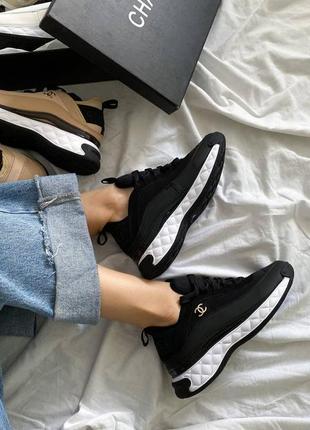 Жіночі шкіряні кросівки chanel sneakers black/white шанель кросівки текстиль + шкіра наложка6 фото