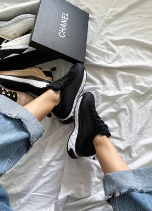 Жіночі шкіряні кросівки chanel sneakers black/white шанель кросівки текстиль + шкіра наложка7 фото