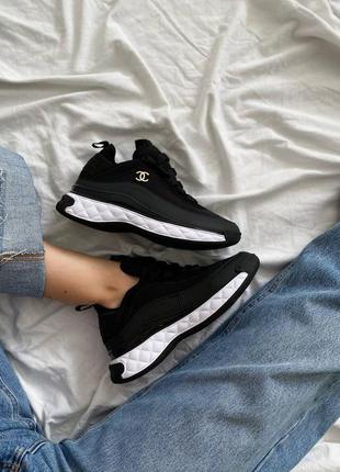 Жіночі шкіряні кросівки chanel sneakers black/white шанель кросівки текстиль + шкіра наложка9 фото