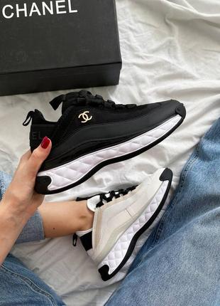 Жіночі шкіряні кросівки chanel sneakers black/white шанель кросівки текстиль + шкіра наложка8 фото