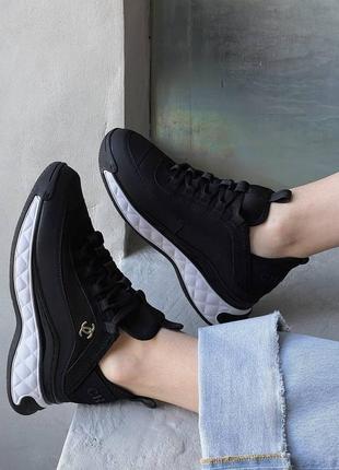 Жіночі шкіряні кросівки chanel sneakers black/white шанель кросівки текстиль + шкіра наложка4 фото