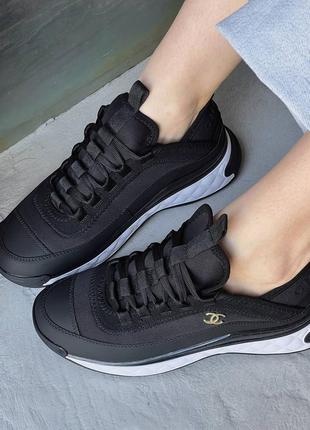 Жіночі шкіряні кросівки chanel sneakers black/white шанель кросівки текстиль + шкіра наложка5 фото