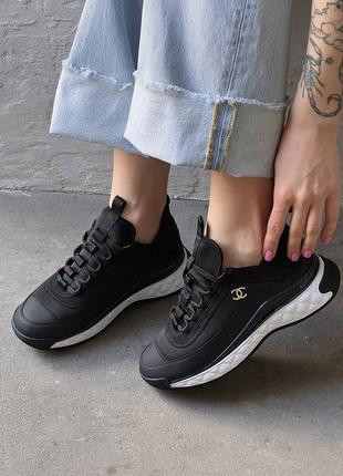 Жіночі шкіряні кросівки chanel sneakers black/white шанель кросівки текстиль + шкіра наложка10 фото