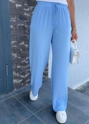 Літні широкі штани на резинці блакитні вільні широкі штани жіночі на літо брюки жіночі креп жатка 40-42 44-46 48-50 52-54 розмір