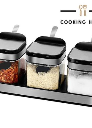 Набір контейнерів для солі, перцю, приправ та спецій cooking house daymart з кришками і ложками - 3 шт.