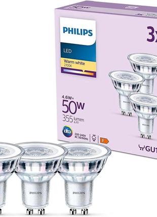 Лампа philips classic led gu10, 50 вт, прозрачная, теплого белого цвета, без регулировки яркости, 3 шт. в упак