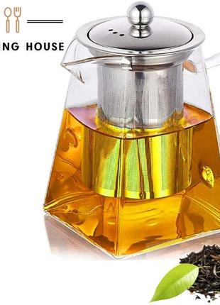 Скляний чайник заварник cooking house 7trav 750 мл -прозорий заварник із фільтром для чаю та металевою кришкою.