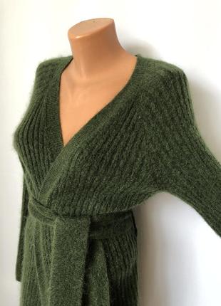 Зеленый удлиненный кардиган кофта с поясом мохер шерсть без застежки цвет мха3 фото