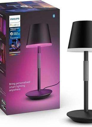 Портативна настільна лампа philips hue white & colour ambiance go, 370 лм, чорна, до 16 мільйонів кольорів